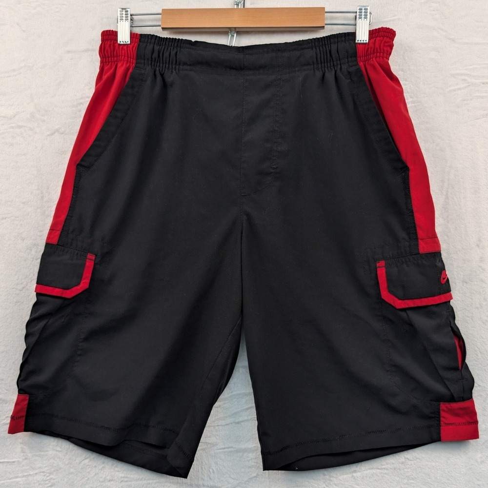 VTG Nike Cargo Shorts Mens L Black Red Embroidered Elastic Sporty Baggy 13" Y2K